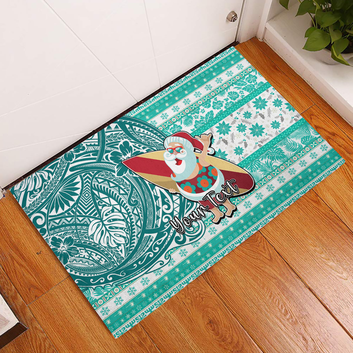 Custom Hawaii Mele Kalikimaka Rubber Doormat Santa Claus Surfing with Hawaiian Pattern Striped Turquoise Style LT03 Turquoise - Polynesian Pride