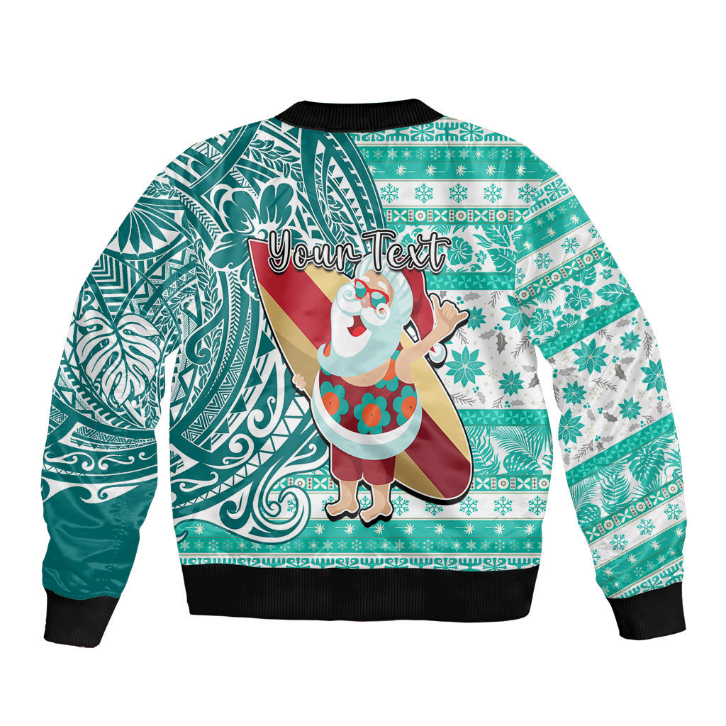 Custom Hawaii Mele Kalikimaka Sleeve Zip Bomber Jacket Santa Claus Surfing with Hawaiian Pattern Striped Turquoise Style LT03 - Polynesian Pride