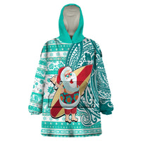 Custom Hawaii Mele Kalikimaka Wearable Blanket Hoodie Santa Claus Surfing with Hawaiian Pattern Striped Turquoise Style LT03 One Size Turquoise - Polynesian Pride