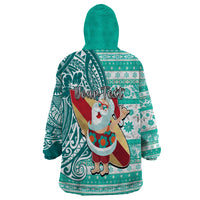 Custom Hawaii Mele Kalikimaka Wearable Blanket Hoodie Santa Claus Surfing with Hawaiian Pattern Striped Turquoise Style LT03 - Polynesian Pride