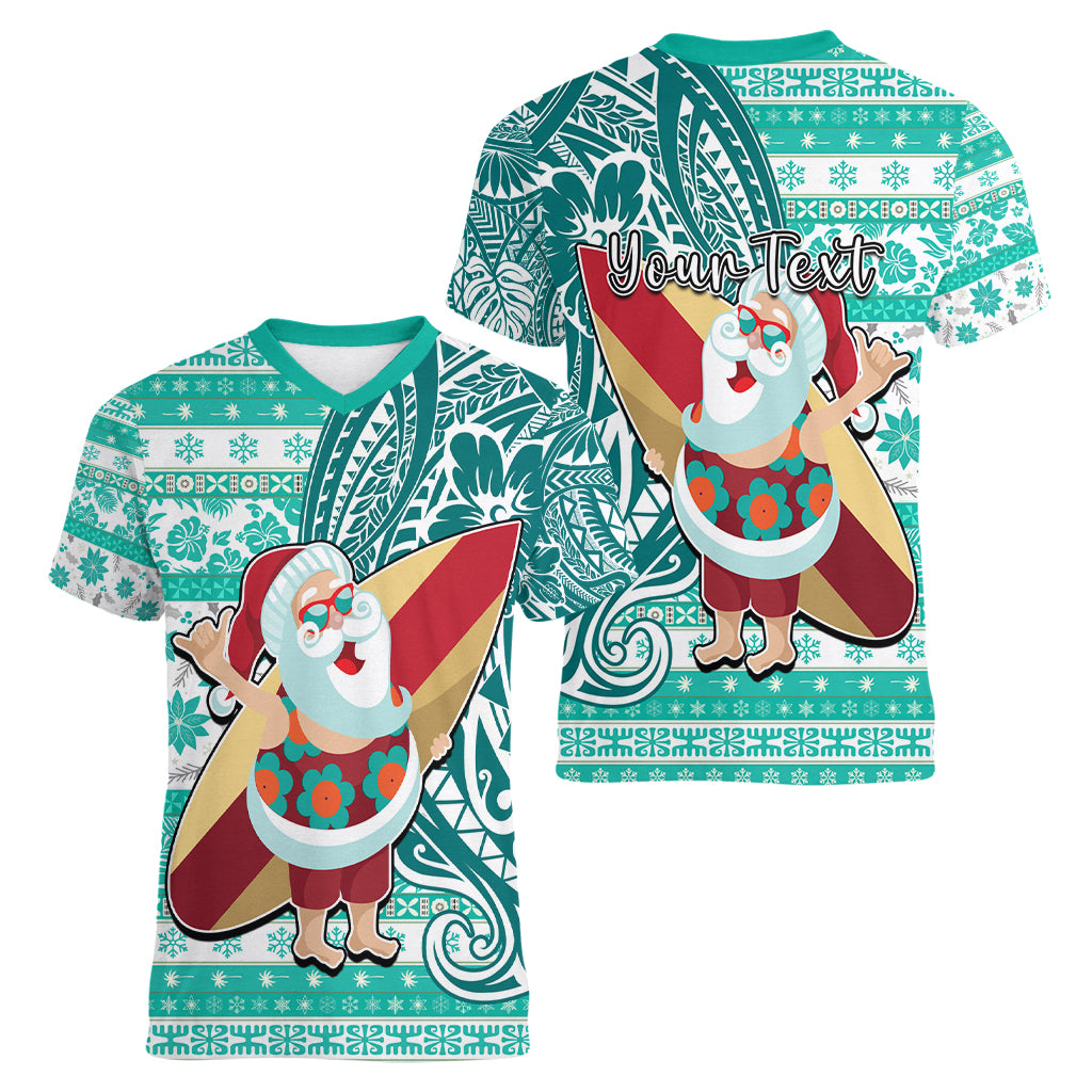 Custom Hawaii Mele Kalikimaka Women V Neck T Shirt Santa Claus Surfing with Hawaiian Pattern Striped Turquoise Style LT03 - Polynesian Pride