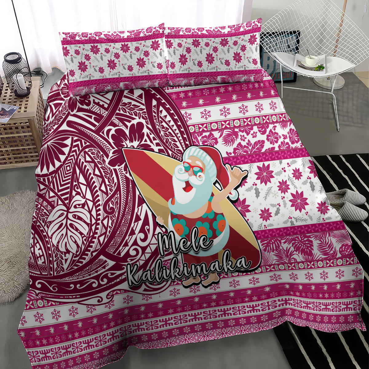Hawaii Mele Kalikimaka Bedding Set Santa Claus Surfing with Hawaiian Pattern Striped Pink Style LT03 - Polynesian Pride