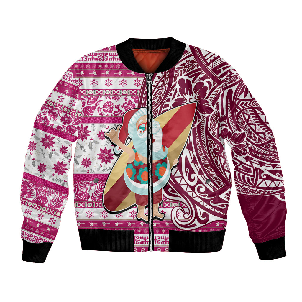 Hawaii Mele Kalikimaka Bomber Jacket Santa Claus Surfing with Hawaiian Pattern Striped Pink Style LT03 Unisex Pink - Polynesian Pride