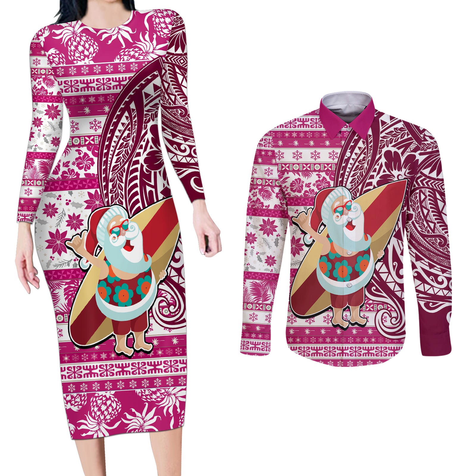 Hawaii Mele Kalikimaka Couples Matching Long Sleeve Bodycon Dress and Long Sleeve Button Shirt Santa Claus Surfing with Hawaiian Pattern Striped Pink Style LT03 Pink - Polynesian Pride