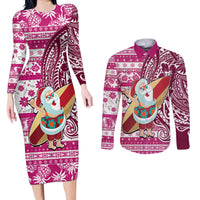 Hawaii Mele Kalikimaka Couples Matching Long Sleeve Bodycon Dress and Long Sleeve Button Shirt Santa Claus Surfing with Hawaiian Pattern Striped Pink Style LT03 Pink - Polynesian Pride