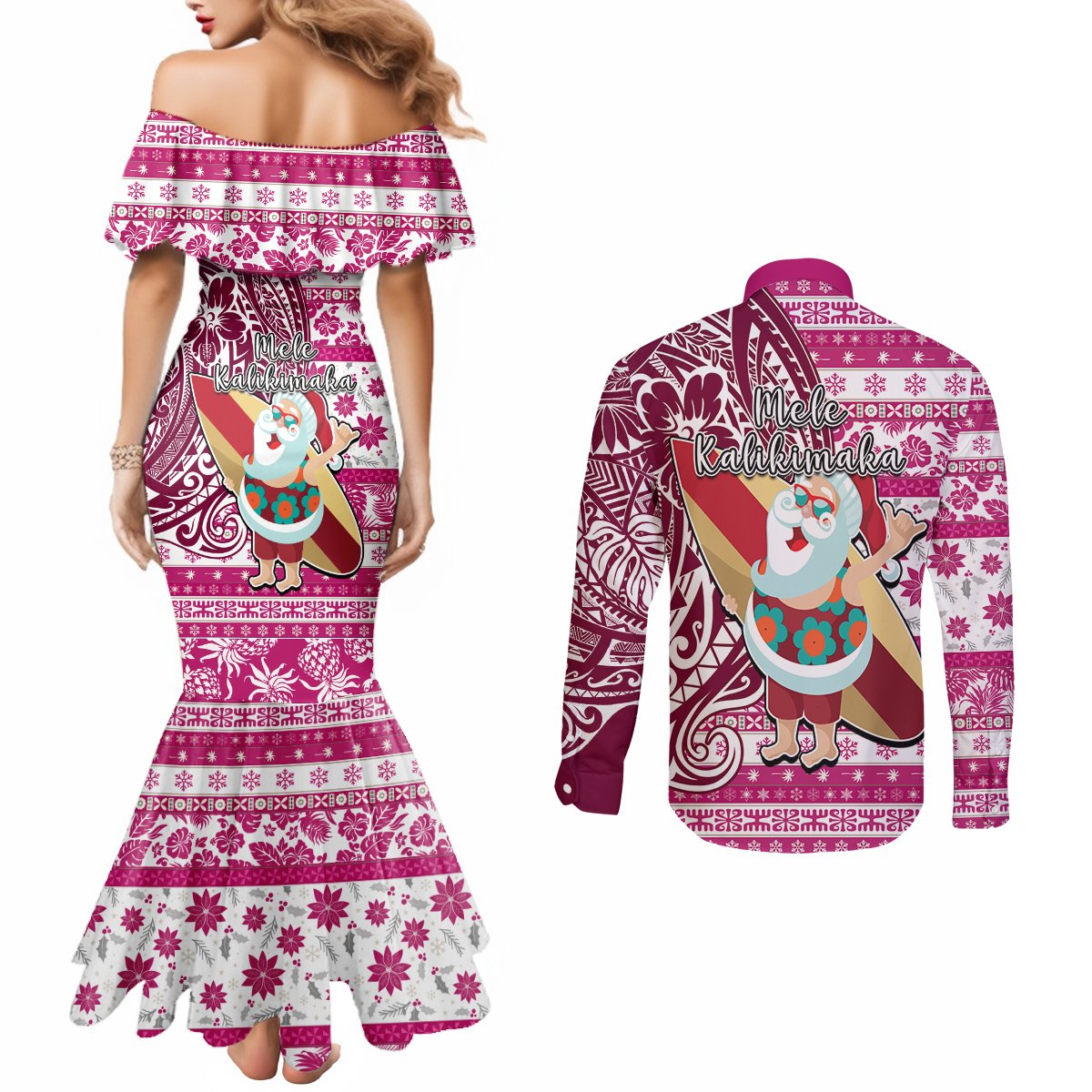 Hawaii Mele Kalikimaka Couples Matching Mermaid Dress and Long Sleeve Button Shirt Santa Claus Surfing with Hawaiian Pattern Striped Pink Style LT03 - Polynesian Pride