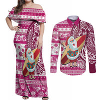 Hawaii Mele Kalikimaka Couples Matching Off Shoulder Maxi Dress and Long Sleeve Button Shirt Santa Claus Surfing with Hawaiian Pattern Striped Pink Style LT03 Pink - Polynesian Pride