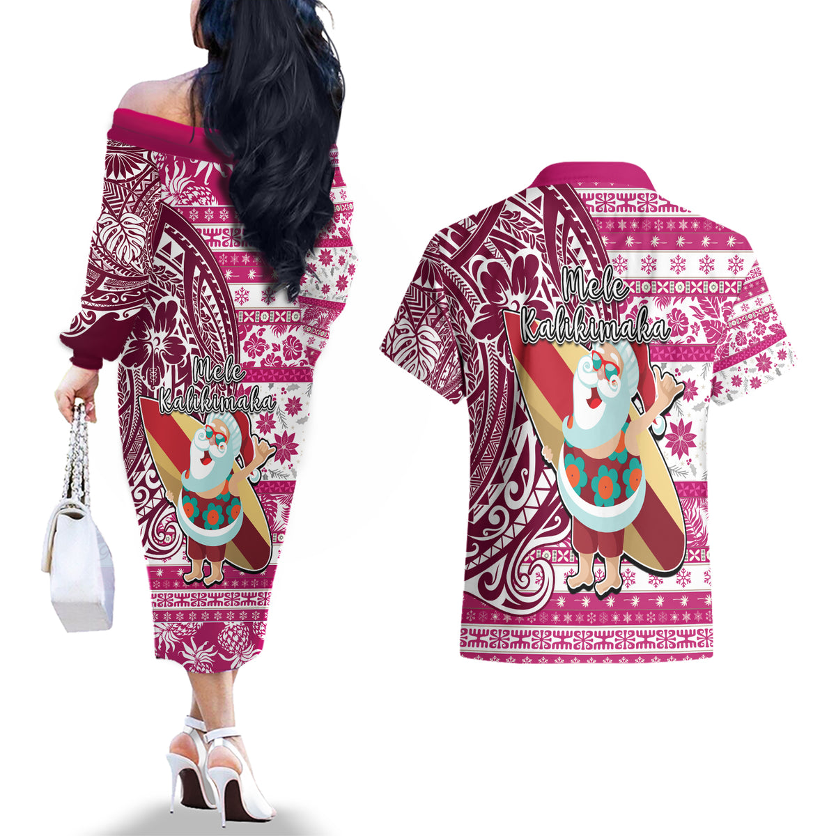 Hawaii Mele Kalikimaka Couples Matching Off The Shoulder Long Sleeve Dress and Hawaiian Shirt Santa Claus Surfing with Hawaiian Pattern Striped Pink Style LT03 - Polynesian Pride