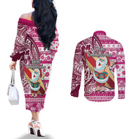 Hawaii Mele Kalikimaka Couples Matching Off The Shoulder Long Sleeve Dress and Long Sleeve Button Shirt Santa Claus Surfing with Hawaiian Pattern Striped Pink Style LT03 - Polynesian Pride