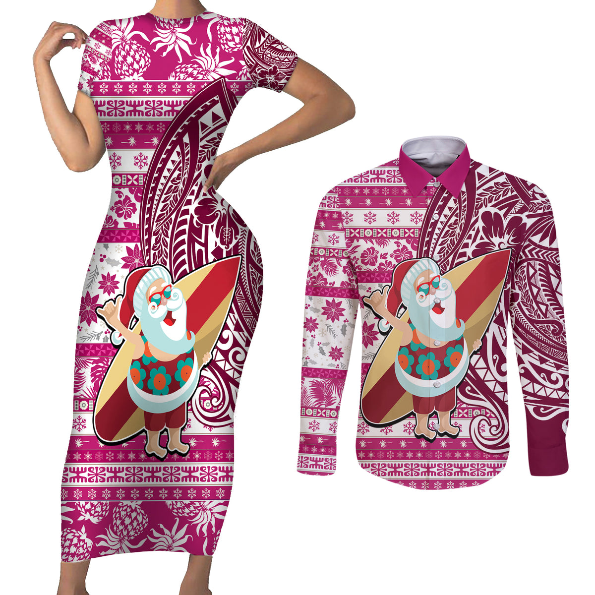 Hawaii Mele Kalikimaka Couples Matching Short Sleeve Bodycon Dress and Long Sleeve Button Shirt Santa Claus Surfing with Hawaiian Pattern Striped Pink Style LT03 Pink - Polynesian Pride