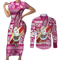 Hawaii Mele Kalikimaka Couples Matching Short Sleeve Bodycon Dress and Long Sleeve Button Shirt Santa Claus Surfing with Hawaiian Pattern Striped Pink Style LT03 Pink - Polynesian Pride