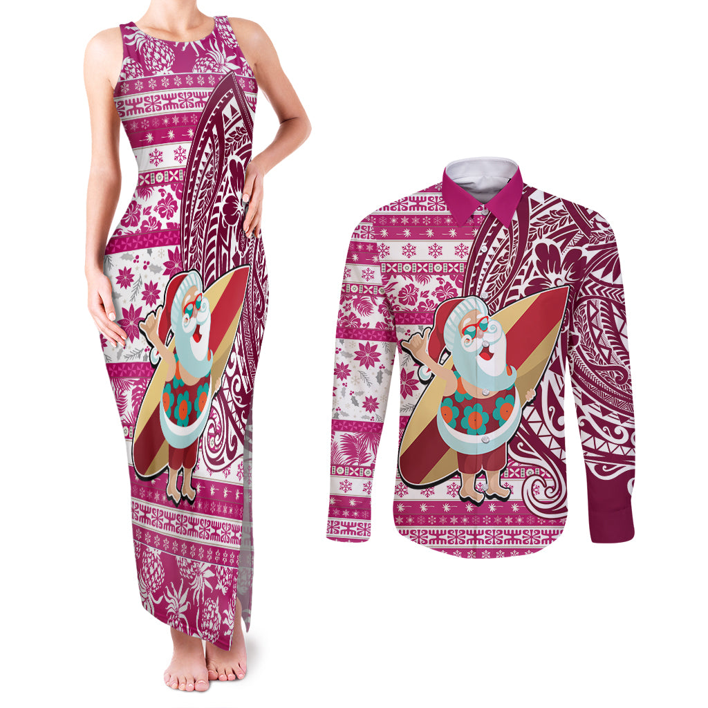 Hawaii Mele Kalikimaka Couples Matching Tank Maxi Dress and Long Sleeve Button Shirt Santa Claus Surfing with Hawaiian Pattern Striped Pink Style LT03 Pink - Polynesian Pride