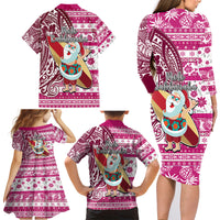 Hawaii Mele Kalikimaka Family Matching Long Sleeve Bodycon Dress and Hawaiian Shirt Santa Claus Surfing with Hawaiian Pattern Striped Pink Style LT03 - Polynesian Pride