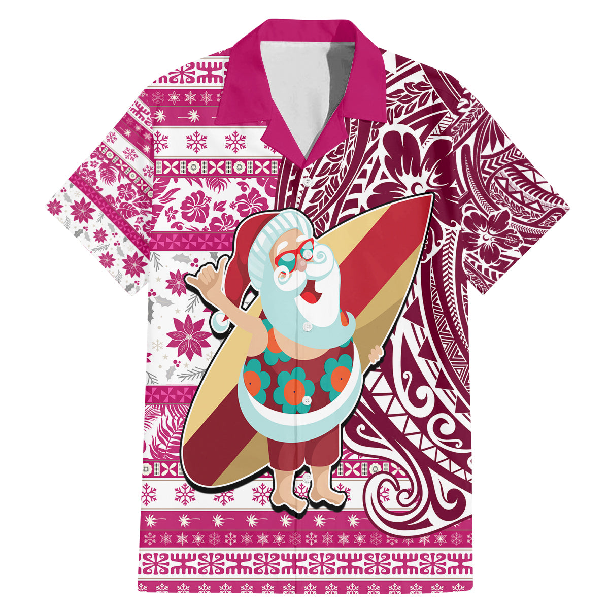 Hawaii Mele Kalikimaka Family Matching Mermaid Dress and Hawaiian Shirt Santa Claus Surfing with Hawaiian Pattern Striped Pink Style LT03 Dad's Shirt - Short Sleeve Pink - Polynesian Pride