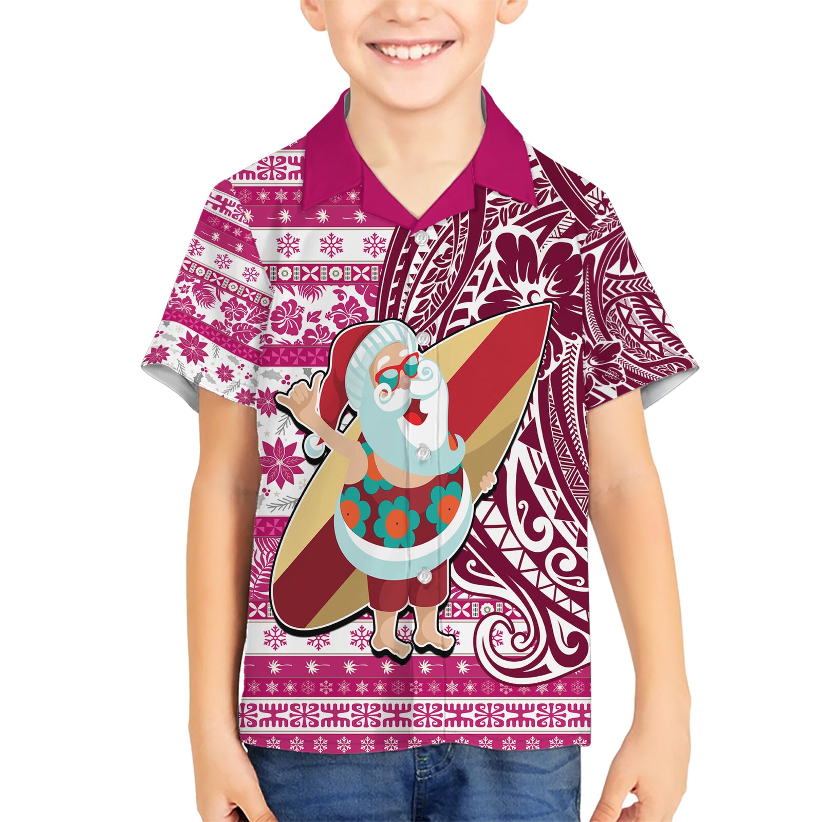 Hawaii Mele Kalikimaka Kid Hawaiian Shirt Santa Claus Surfing with Hawaiian Pattern Striped Pink Style LT03 Kid Pink - Polynesian Pride