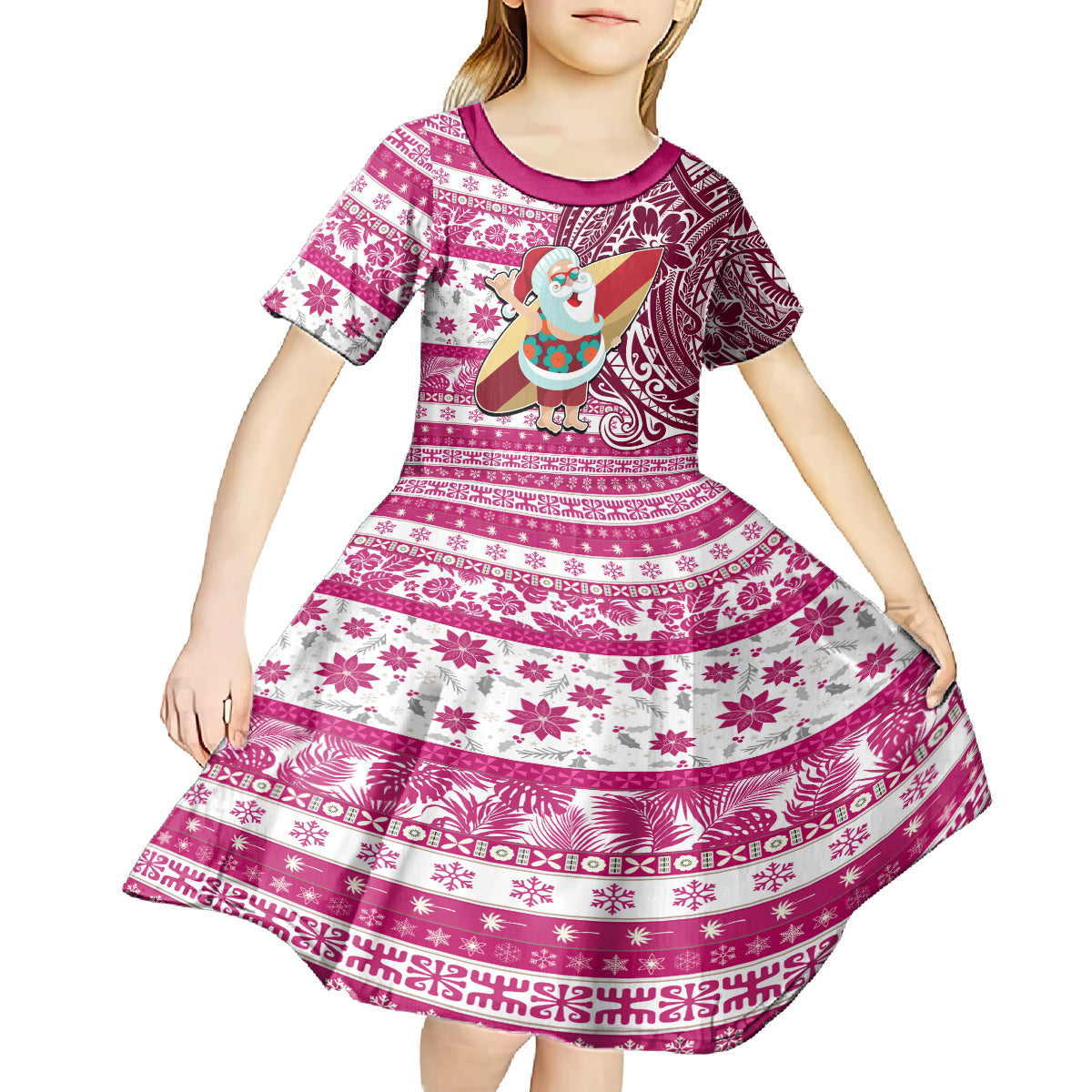 Hawaii Mele Kalikimaka Kid Short Sleeve Dress Santa Claus Surfing with Hawaiian Pattern Striped Pink Style LT03 - Polynesian Pride