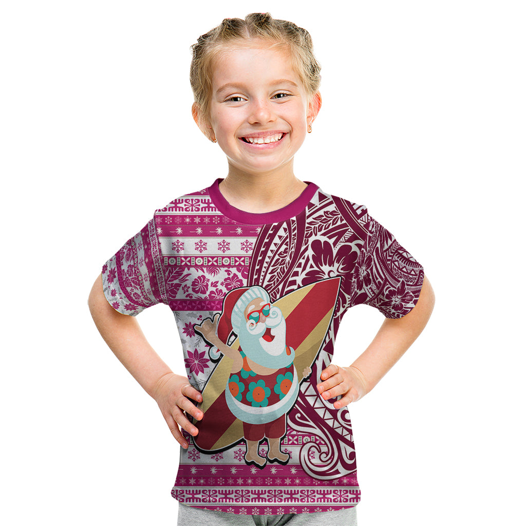 Hawaii Mele Kalikimaka Kid T Shirt Santa Claus Surfing with Hawaiian Pattern Striped Pink Style LT03 Pink - Polynesian Pride
