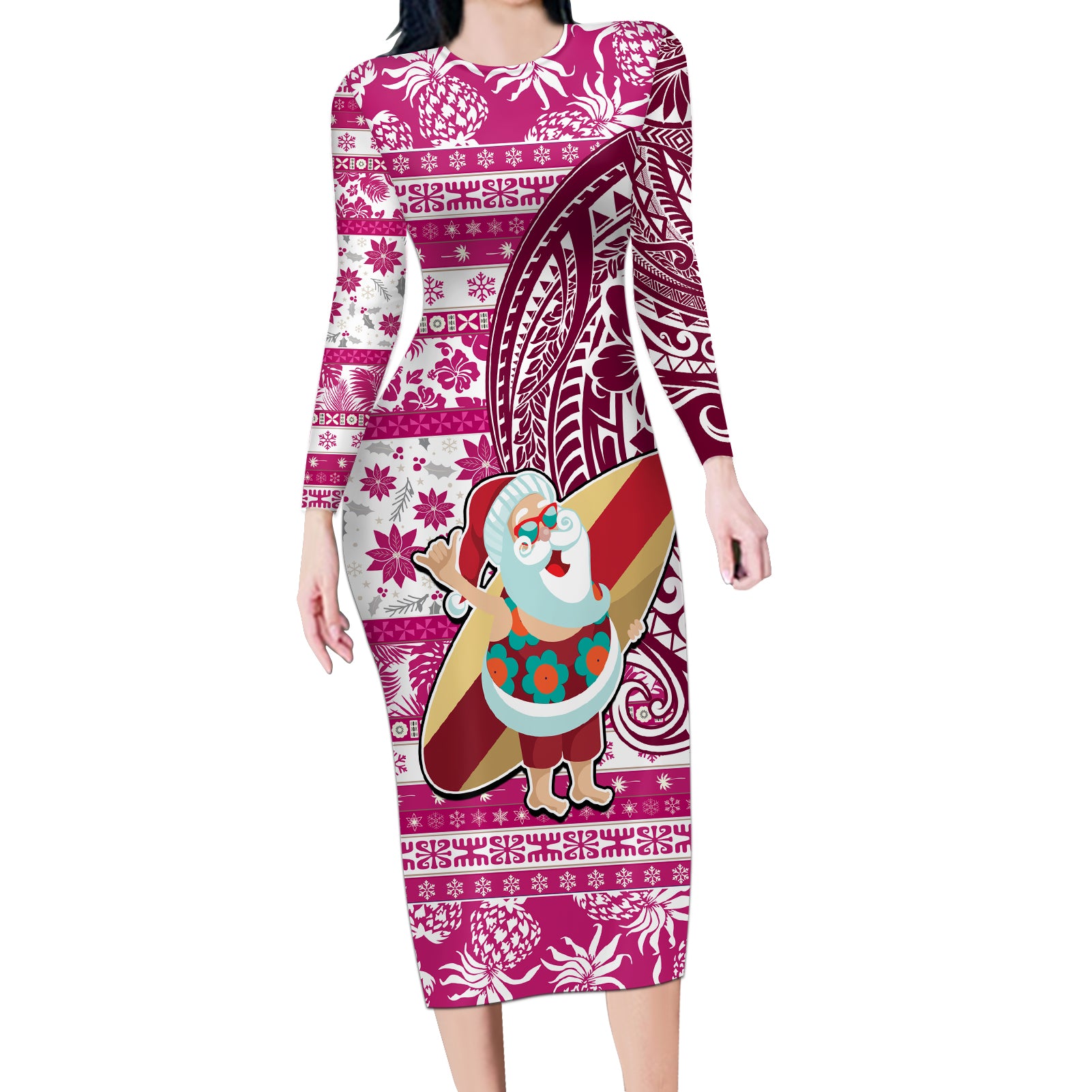 Hawaii Mele Kalikimaka Long Sleeve Bodycon Dress Santa Claus Surfing with Hawaiian Pattern Striped Pink Style LT03 Long Dress Pink - Polynesian Pride
