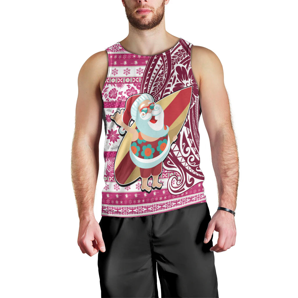 Hawaii Mele Kalikimaka Men Tank Top Santa Claus Surfing with Hawaiian Pattern Striped Pink Style LT03 - Polynesian Pride