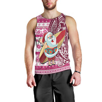 Hawaii Mele Kalikimaka Men Tank Top Santa Claus Surfing with Hawaiian Pattern Striped Pink Style LT03 - Polynesian Pride