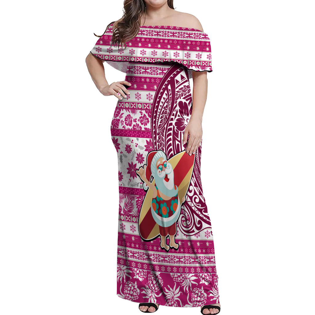Hawaii Mele Kalikimaka Off Shoulder Maxi Dress Santa Claus Surfing with Hawaiian Pattern Striped Pink Style LT03 Women Pink - Polynesian Pride