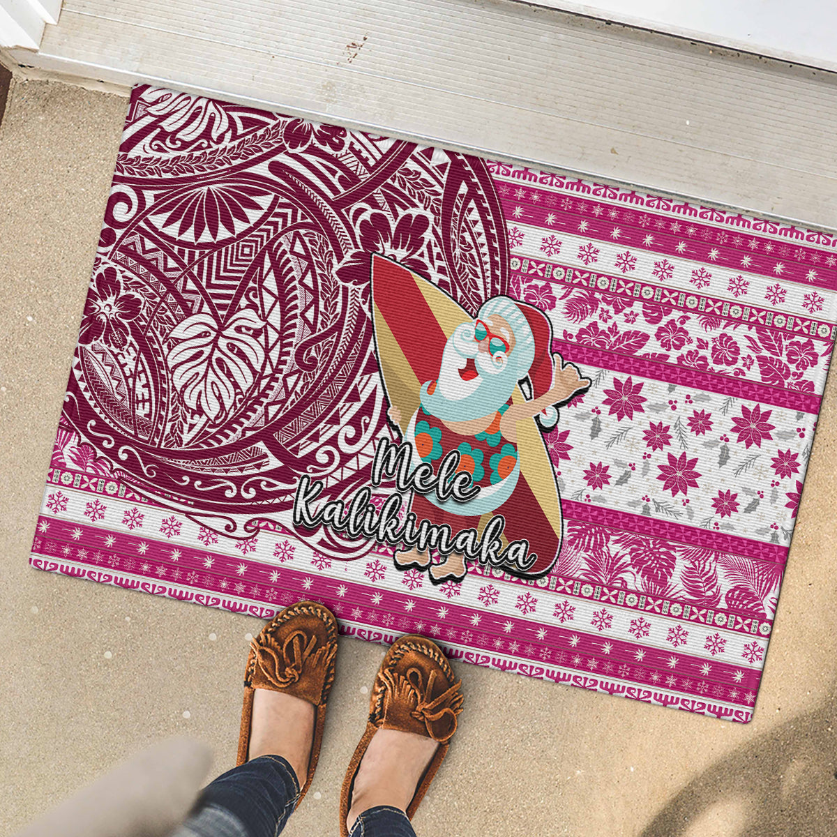 Hawaii Mele Kalikimaka Rubber Doormat Santa Claus Surfing with Hawaiian Pattern Striped Pink Style LT03 - Polynesian Pride