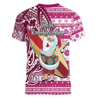 Hawaii Mele Kalikimaka Women V Neck T Shirt Santa Claus Surfing with Hawaiian Pattern Striped Pink Style LT03 - Polynesian Pride