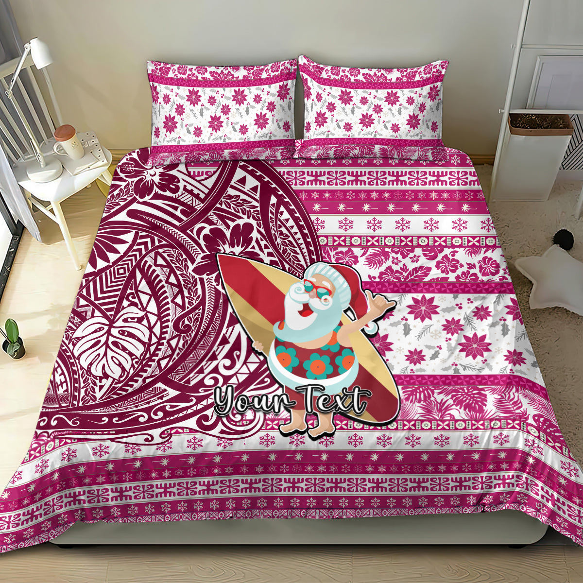 Custom Hawaii Mele Kalikimaka Bedding Set Santa Claus Surfing with Hawaiian Pattern Striped Pink Style LT03 - Polynesian Pride