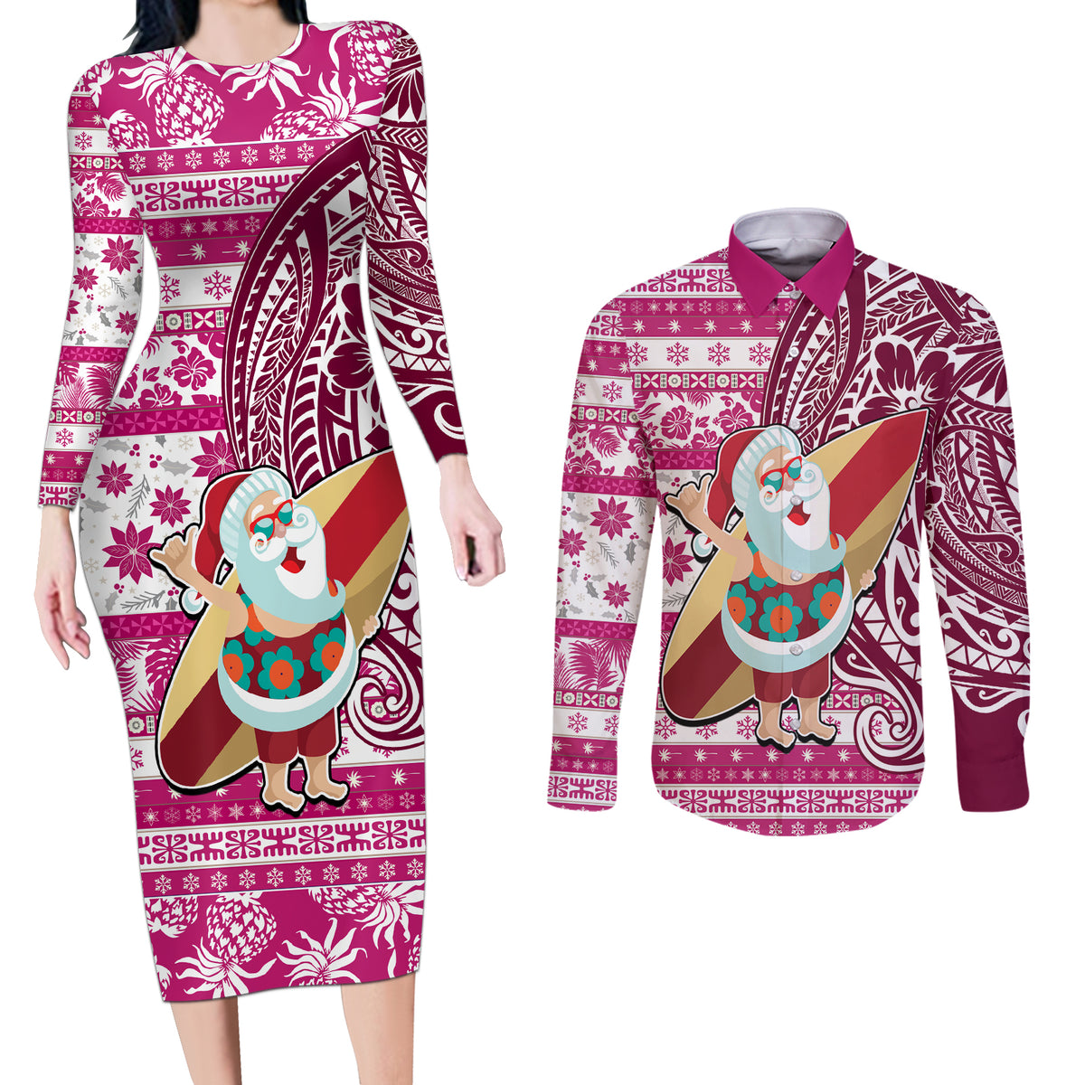 Custom Hawaii Mele Kalikimaka Couples Matching Long Sleeve Bodycon Dress and Long Sleeve Button Shirt Santa Claus Surfing with Hawaiian Pattern Striped Pink Style LT03 Pink - Polynesian Pride