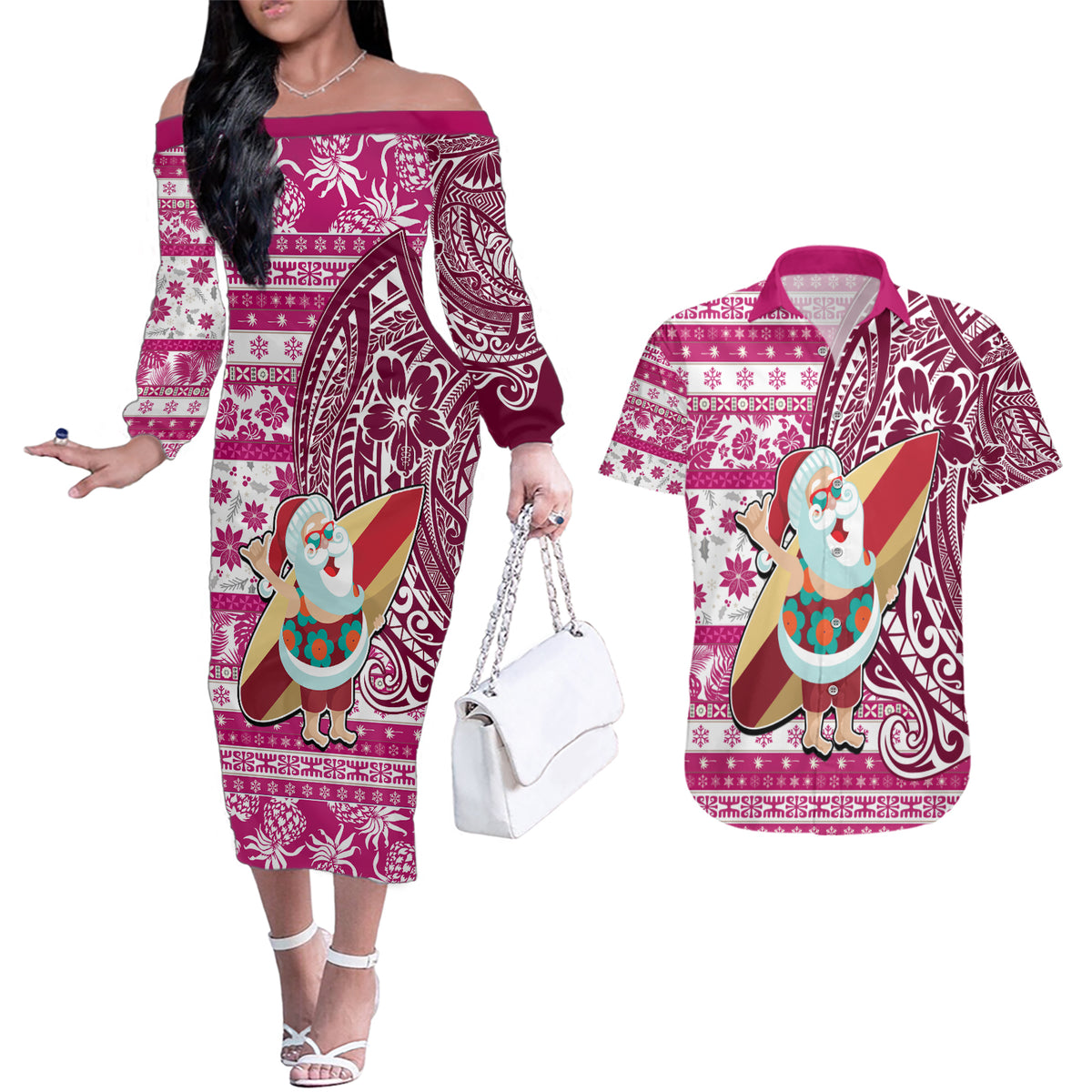 Custom Hawaii Mele Kalikimaka Couples Matching Off The Shoulder Long Sleeve Dress and Hawaiian Shirt Santa Claus Surfing with Hawaiian Pattern Striped Pink Style LT03 Pink - Polynesian Pride