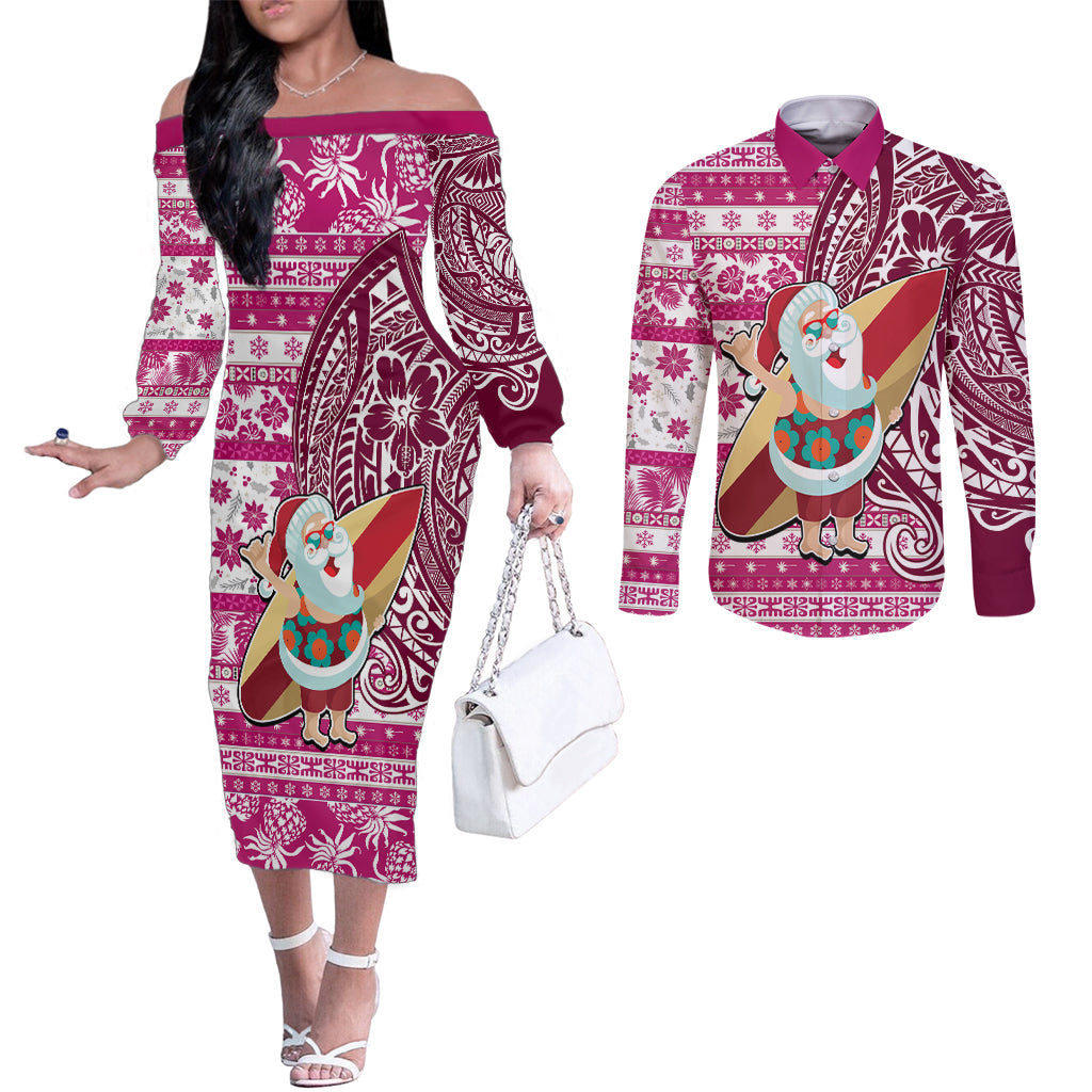 Custom Hawaii Mele Kalikimaka Couples Matching Off The Shoulder Long Sleeve Dress and Long Sleeve Button Shirt Santa Claus Surfing with Hawaiian Pattern Striped Pink Style LT03 Pink - Polynesian Pride