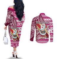 Custom Hawaii Mele Kalikimaka Couples Matching Off The Shoulder Long Sleeve Dress and Long Sleeve Button Shirt Santa Claus Surfing with Hawaiian Pattern Striped Pink Style LT03 - Polynesian Pride