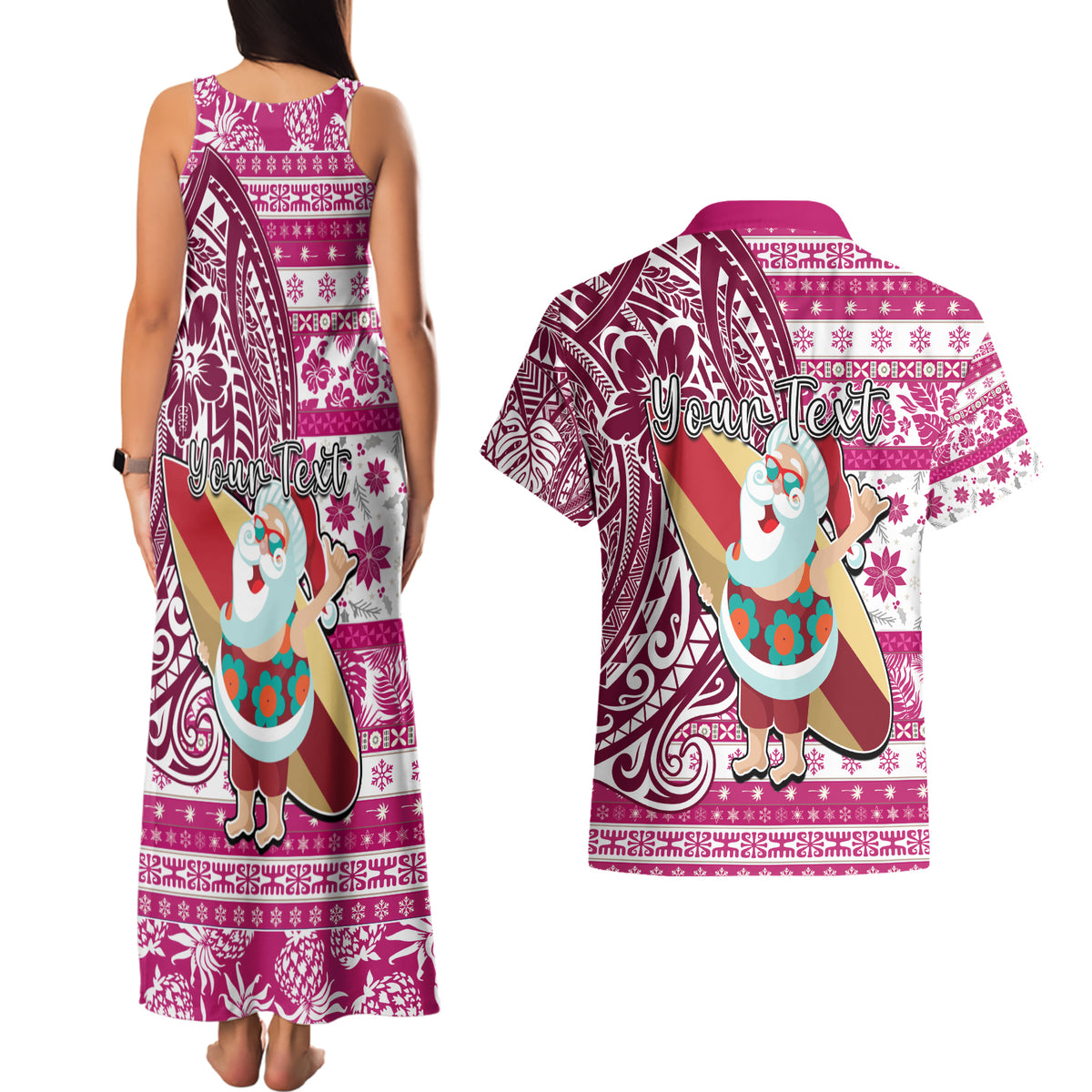 Custom Hawaii Mele Kalikimaka Couples Matching Tank Maxi Dress and Hawaiian Shirt Santa Claus Surfing with Hawaiian Pattern Striped Pink Style LT03 - Polynesian Pride