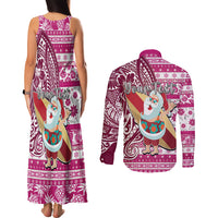 Custom Hawaii Mele Kalikimaka Couples Matching Tank Maxi Dress and Long Sleeve Button Shirt Santa Claus Surfing with Hawaiian Pattern Striped Pink Style LT03 - Polynesian Pride