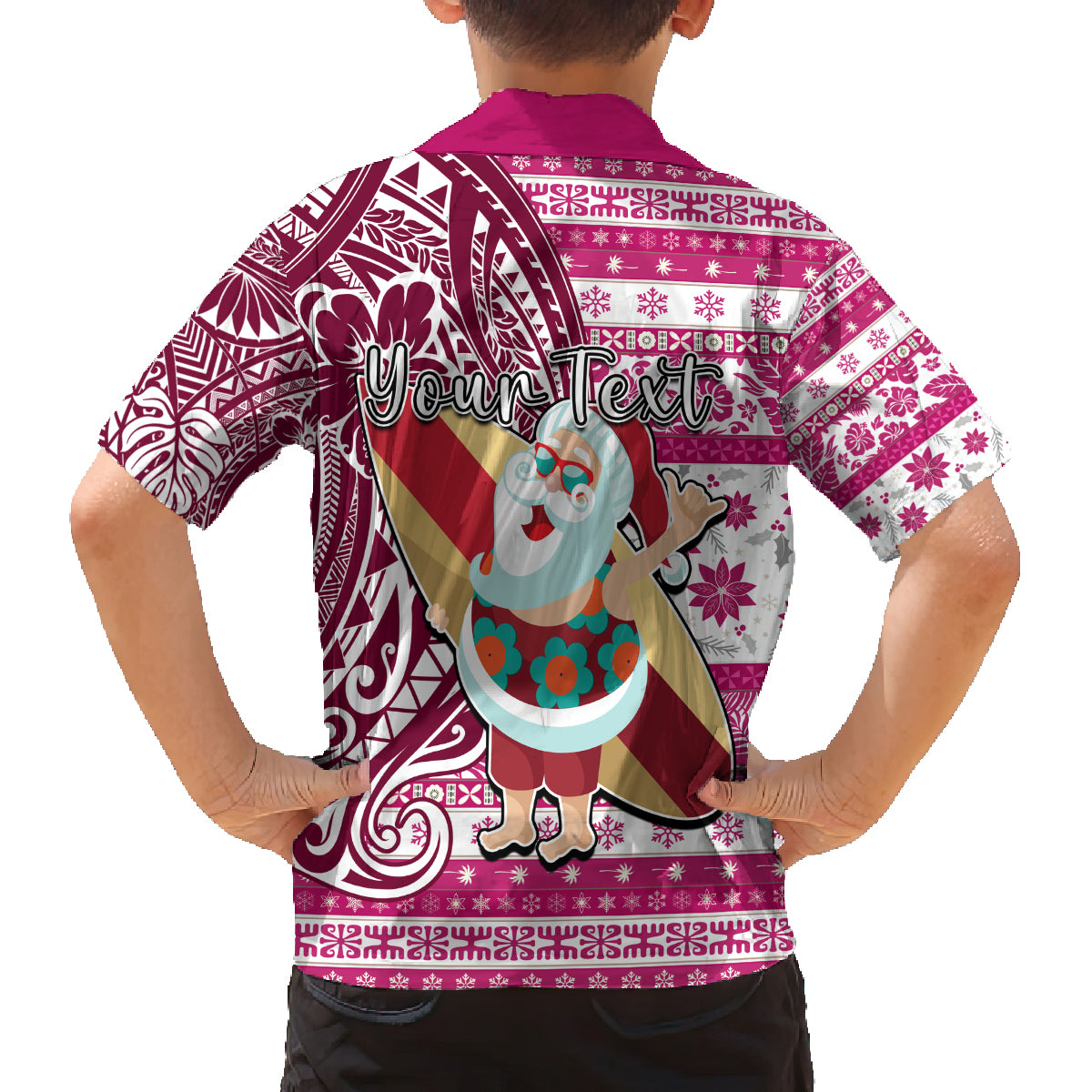 Custom Hawaii Mele Kalikimaka Family Matching Long Sleeve Bodycon Dress and Hawaiian Shirt Santa Claus Surfing with Hawaiian Pattern Striped Pink Style LT03 - Polynesian Pride