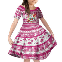 Custom Hawaii Mele Kalikimaka Family Matching Long Sleeve Bodycon Dress and Hawaiian Shirt Santa Claus Surfing with Hawaiian Pattern Striped Pink Style LT03 Daughter's Dress Pink - Polynesian Pride
