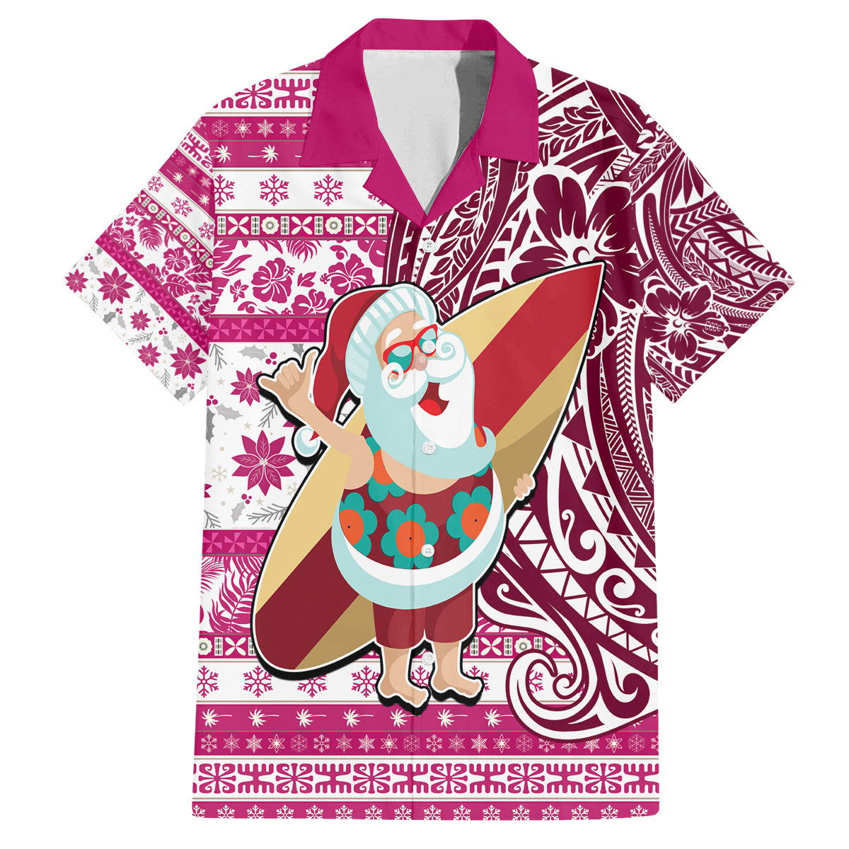 Custom Hawaii Mele Kalikimaka Family Matching Long Sleeve Bodycon Dress and Hawaiian Shirt Santa Claus Surfing with Hawaiian Pattern Striped Pink Style LT03 Dad's Shirt - Short Sleeve Pink - Polynesian Pride
