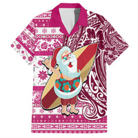 Custom Hawaii Mele Kalikimaka Family Matching Long Sleeve Bodycon Dress and Hawaiian Shirt Santa Claus Surfing with Hawaiian Pattern Striped Pink Style LT03 Dad's Shirt - Short Sleeve Pink - Polynesian Pride