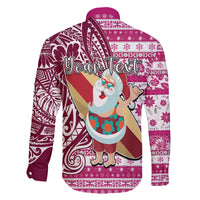 Custom Hawaii Mele Kalikimaka Family Matching Long Sleeve Bodycon Dress and Hawaiian Shirt Santa Claus Surfing with Hawaiian Pattern Striped Pink Style LT03 - Polynesian Pride