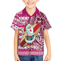 Custom Hawaii Mele Kalikimaka Family Matching Long Sleeve Bodycon Dress and Hawaiian Shirt Santa Claus Surfing with Hawaiian Pattern Striped Pink Style LT03 Son's Shirt Pink - Polynesian Pride