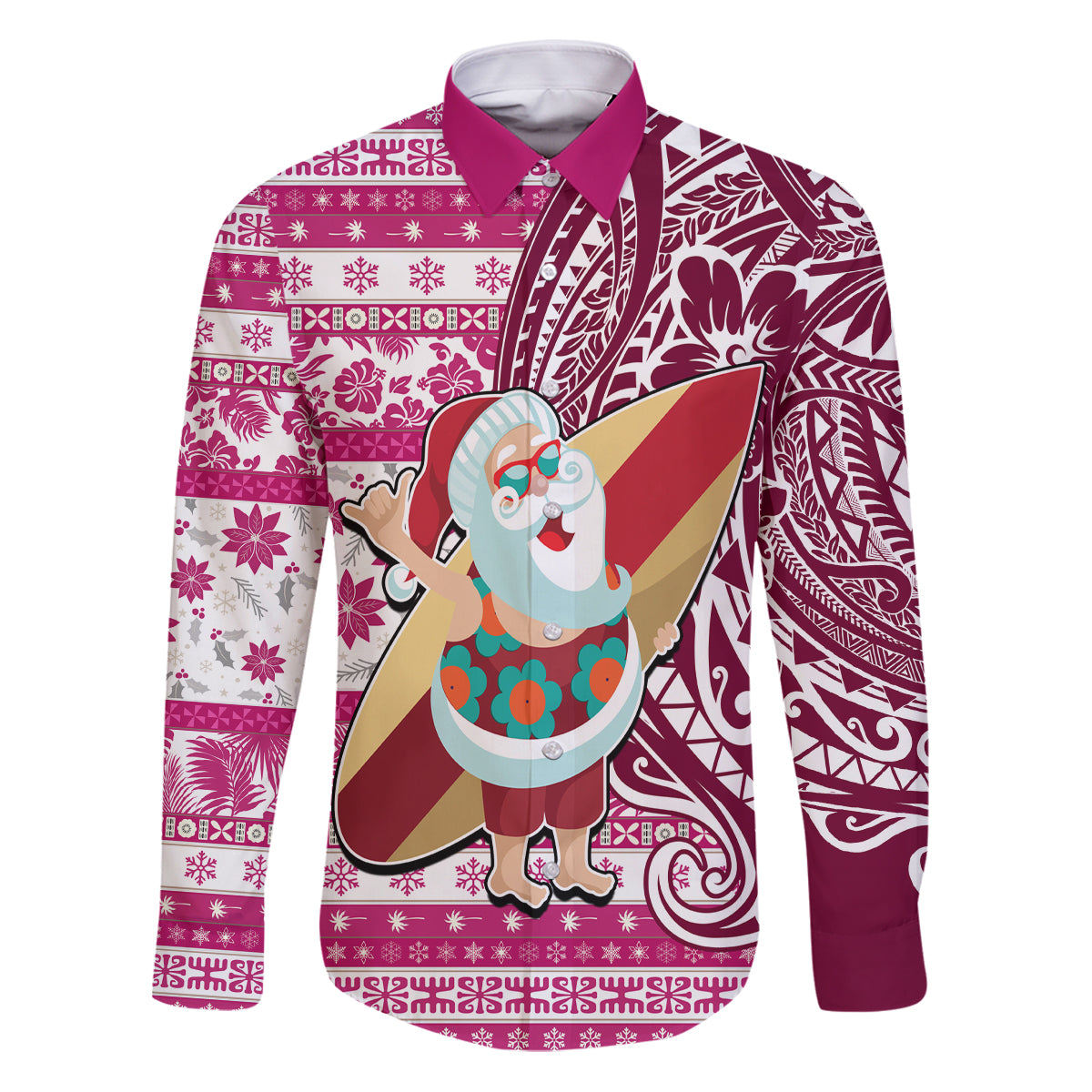 Custom Hawaii Mele Kalikimaka Family Matching Puletasi Dress and Hawaiian Shirt Santa Claus Surfing with Hawaiian Pattern Striped Pink Style LT03 Dad's Shirt - Long Sleeve Pink - Polynesian Pride