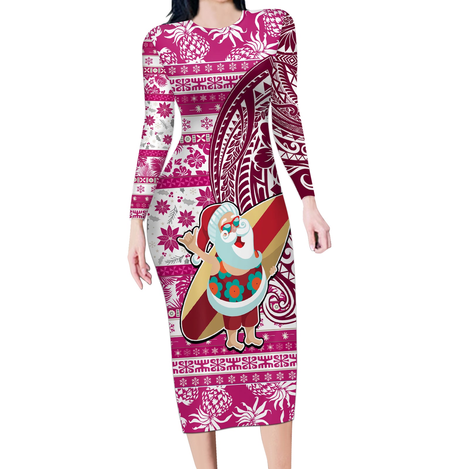 Custom Hawaii Mele Kalikimaka Long Sleeve Bodycon Dress Santa Claus Surfing with Hawaiian Pattern Striped Pink Style LT03 Long Dress Pink - Polynesian Pride