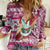 Custom Hawaii Mele Kalikimaka Women Casual Shirt Santa Claus Surfing with Hawaiian Pattern Striped Pink Style LT03 Female Pink - Polynesian Pride