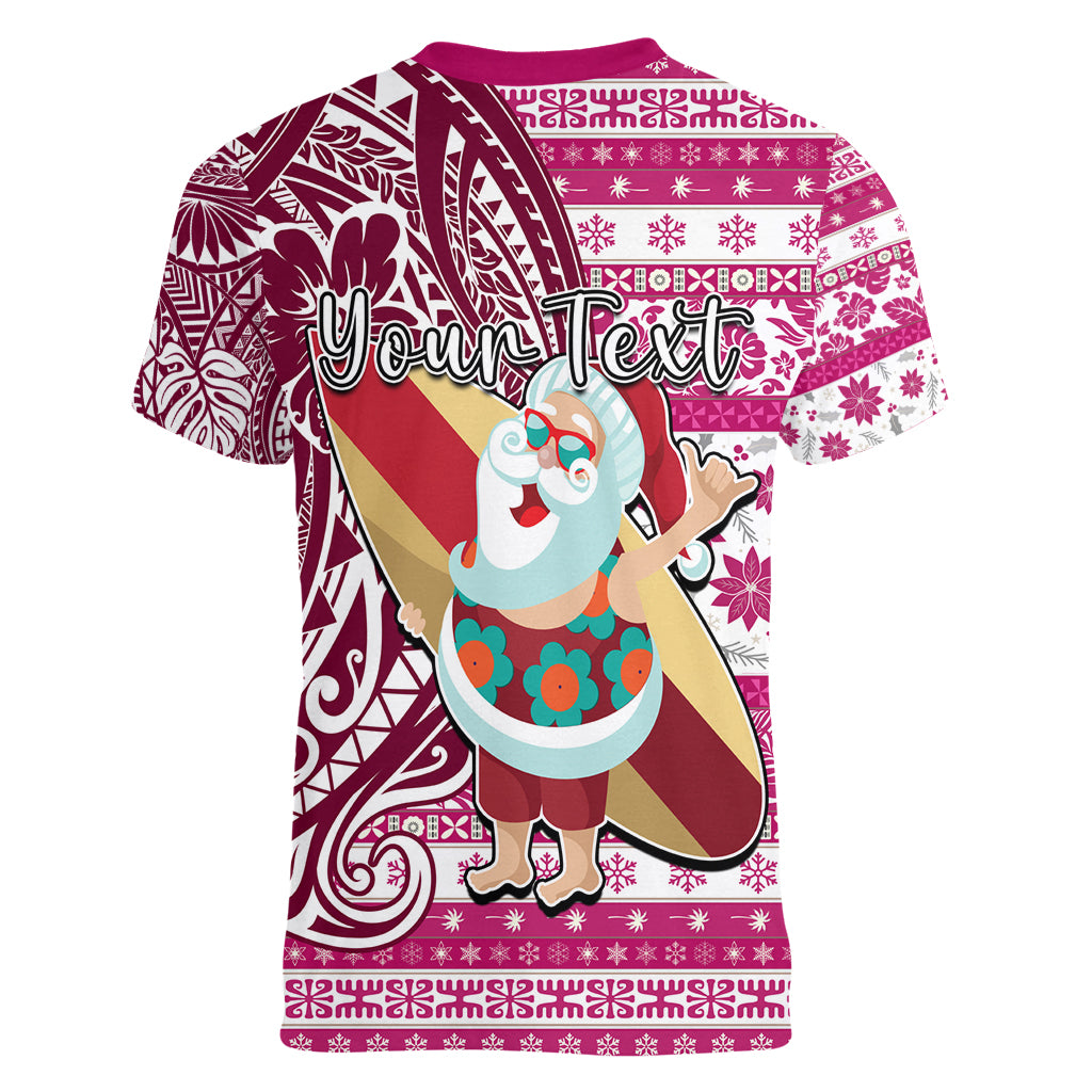 Custom Hawaii Mele Kalikimaka Women V Neck T Shirt Santa Claus Surfing with Hawaiian Pattern Striped Pink Style LT03 - Polynesian Pride