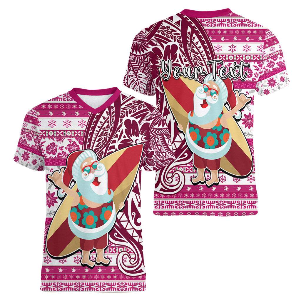 Custom Hawaii Mele Kalikimaka Women V Neck T Shirt Santa Claus Surfing with Hawaiian Pattern Striped Pink Style LT03 - Polynesian Pride