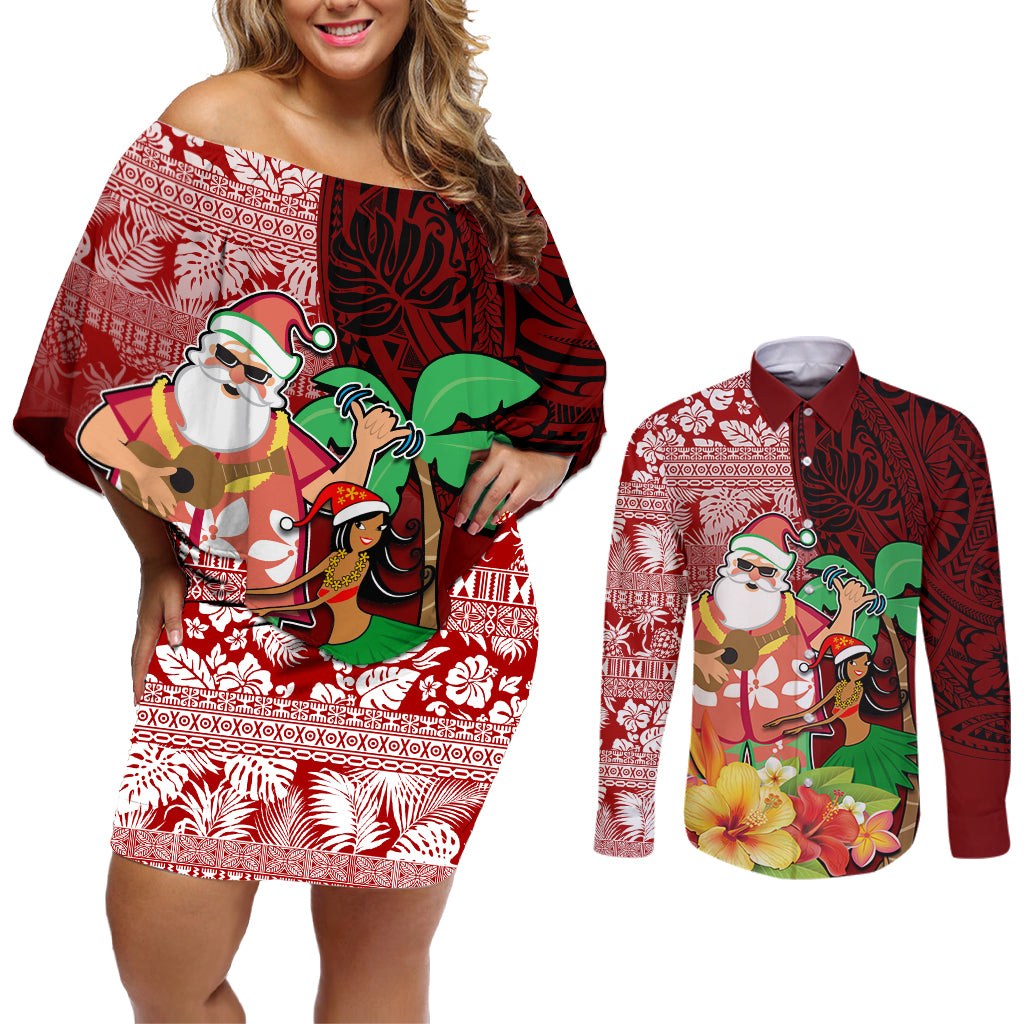 Hawaii Mele Kalikimaka Couples Matching Off Shoulder Short Dress and Long Sleeve Button Shirt Santa Claus and Hula Girl Tropical Folwer with Hawaiian Pattern LT03 Red - Polynesian Pride