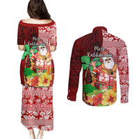 Hawaii Mele Kalikimaka Couples Matching Puletasi Dress and Long Sleeve Button Shirt Santa Claus and Hula Girl Tropical Folwer with Hawaiian Pattern LT03 - Polynesian Pride