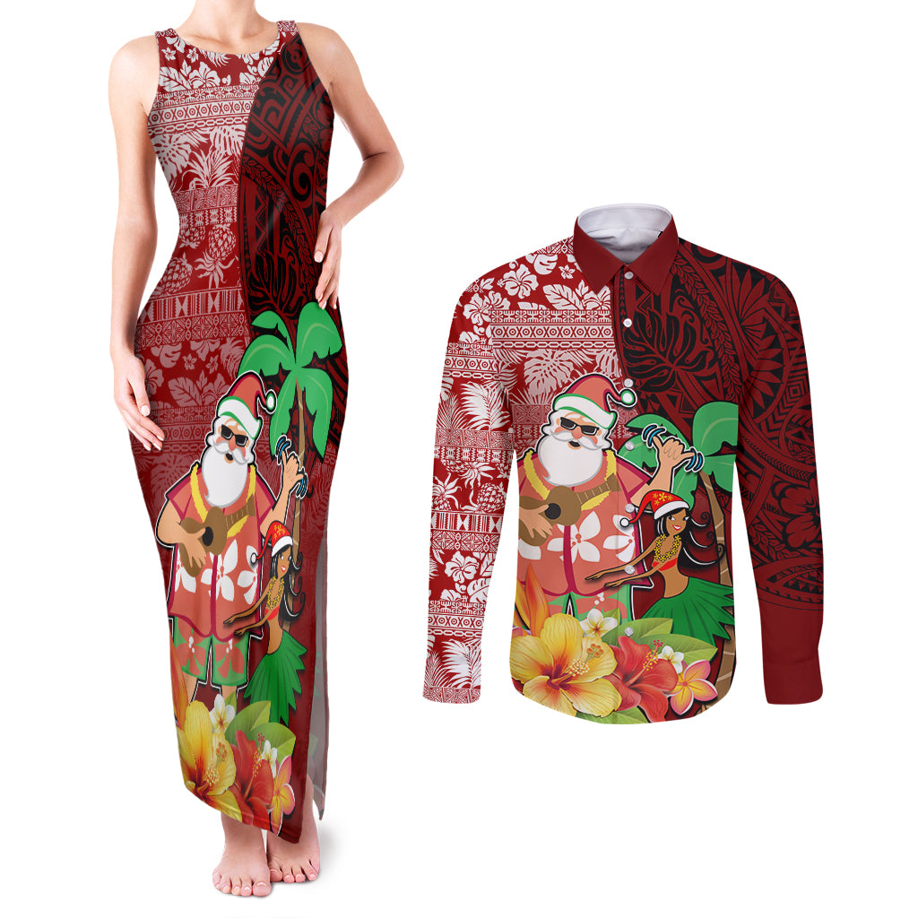 Hawaii Mele Kalikimaka Couples Matching Tank Maxi Dress and Long Sleeve Button Shirt Santa Claus and Hula Girl Tropical Folwer with Hawaiian Pattern LT03 Red - Polynesian Pride