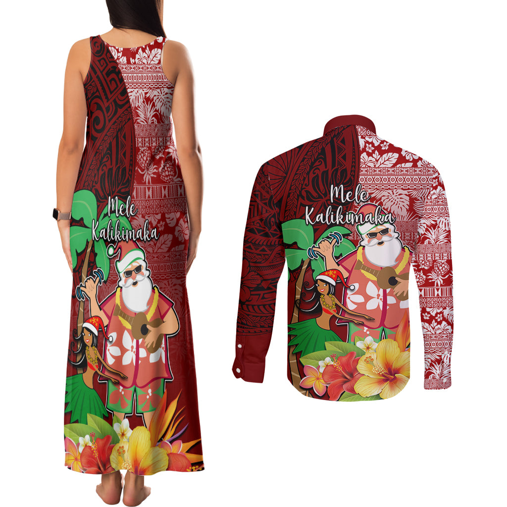 Hawaii Mele Kalikimaka Couples Matching Tank Maxi Dress and Long Sleeve Button Shirt Santa Claus and Hula Girl Tropical Folwer with Hawaiian Pattern LT03 - Polynesian Pride