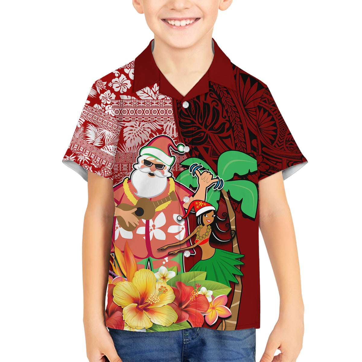 Hawaii Mele Kalikimaka Family Matching Long Sleeve Bodycon Dress and Hawaiian Shirt Santa Claus and Hula Girl Tropical Folwer with Hawaiian Pattern LT03 Son's Shirt Red - Polynesian Pride